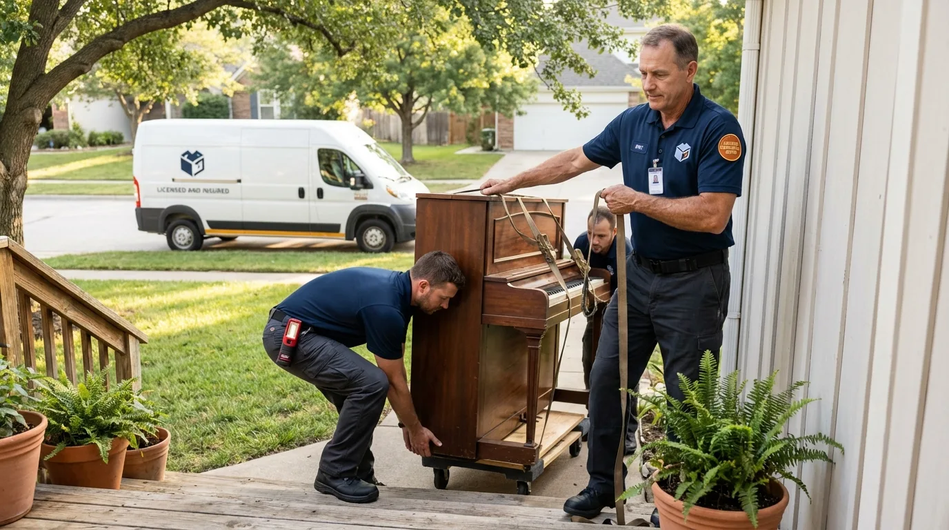 Licensed piano movers securing grand piano in Gleason, TN