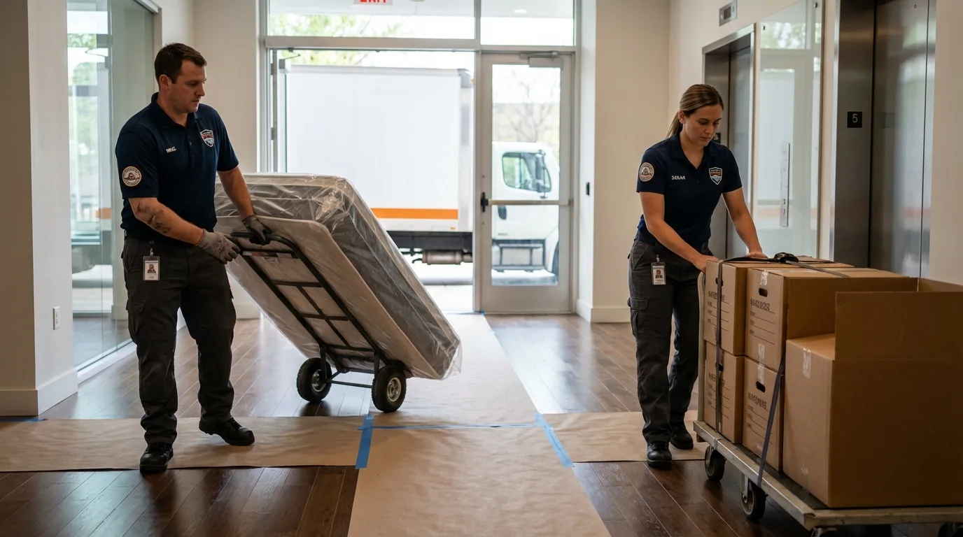 Professional apartment movers loading elevator in Gleason, TN